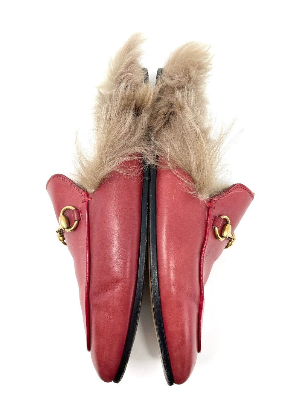 Gucci Princetown Red Leather Horsebit Mules Loafers Slippers Slides With Fur 37 - Picture 2 of 10